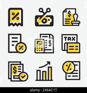 Simple Set of Tax Related Vector Line Icons in yellow color. Contains such as Money Report, Interest Rate, Tax Return and more. Stock Vector