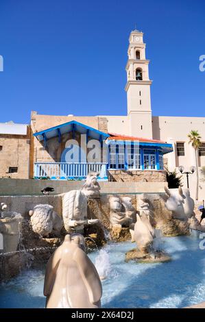 The Zodiac signs fountain with the St. Peter's Church in the background. Old Jaffa, Tel-Aviv, Israel.. Stock Photo