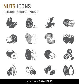 Nuts glyph icon set, seeds collection, vector graphics, logo illustrations, nuts vector icons, snack food signs, solid pictograms, editable stroke Stock Vector