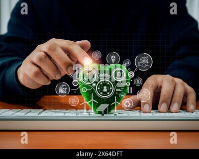 Environmental, social, and governance, sustainable organization development and investment concept. ESG management icons with renewable symbols with m Stock Photo