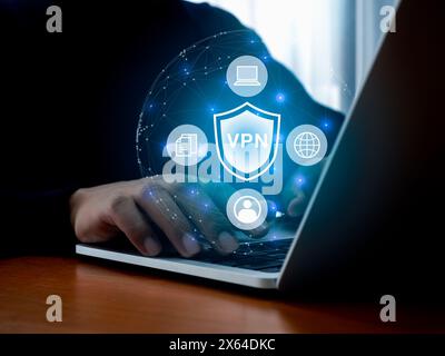 VPN, virtual private network service to protect privacy online concept. Business technology security. Computer data internet connection appear on scre Stock Photo