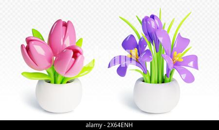 Flower in pot 3d vector set. Realistic illustration of cartoon plastic plant with blossom of tulip and crocus in white flowerpot. Home decorative floral bush in vase. House and garden vegetation Stock Vector