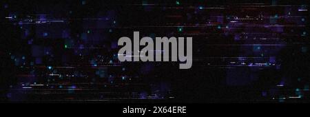 Glitch game effect tv screen with pixel texture background. Vhs digital pattern with retro television graphic design. Signal error broadcast overlay with distortion line art. Wide speed rewind frame Stock Vector