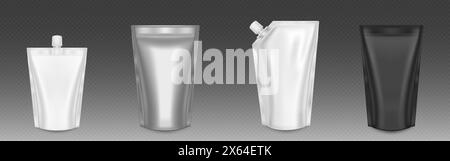 3D set of pouch bags isolated on transparent background. Vector realistic illustration of white, black and silver doypacks, foil package for food, soap, detergent, coffee or tea, plastic cap on spout Stock Vector