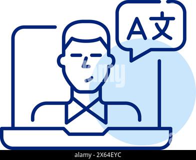 Man with languages symbol speech bubble on laptop video call. Languages coach online lessons. Pixel perfect, editable stroke vector icon Stock Vector