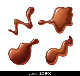 Liquid toffee caramel or hot milk chocolate splash and drops. Realistic 3d vector illustration set of sweet brown dessert sauce or syrup droplet. Sugary choco creamy confection spilled droplets. Stock Vector