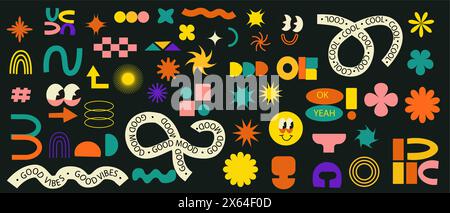 Set of stickers with naive playful abstract shapes. Brutalist set. Circle, oval, rectangle, arched in the trendy retro style. Aesthetics y2k style. Ve Stock Vector