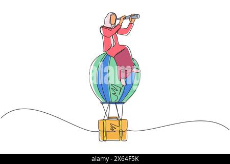 Continuous one line drawing Arab businesswoman sitting and looking through telescope in hot air balloon briefcase. Female in suitcase balloon search t Stock Vector