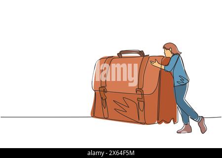 Single continuous line drawing joyful businesswoman hugs suitcase with money. Happy boss and case with cash. Successful business pleasure goal. Dynami Stock Vector