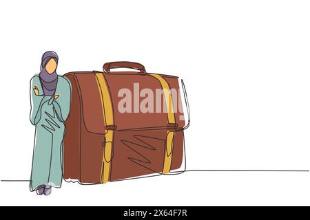 Single continuous line drawing modern confident female entrepreneur leaning on large briefcase. Arab businesswoman standing with elegance pose. Dynami Stock Vector