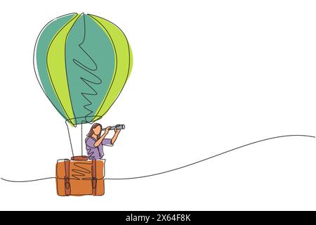 Single continuous line drawing businesswoman looking through telescope in hot air balloon briefcase. Female in suitcase balloon search to success. Bus Stock Vector