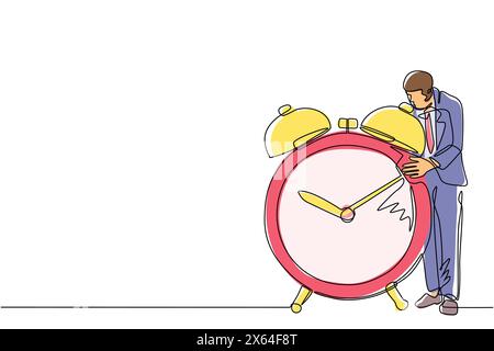 Single one line drawing businessman, manager or employee standing and hugging big clock. Concept of time management. Time, watch, time to work. Contin Stock Vector