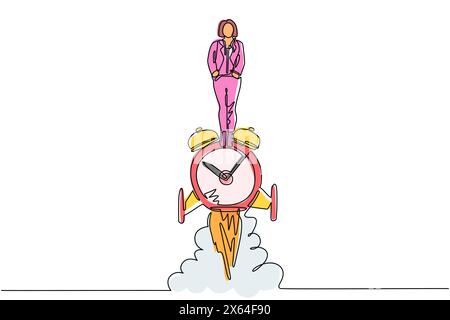 Single one line drawing businesswoman riding alarm clock rocket ship with fire, clouds. Time, watch, limited offer, deadline symbol. Time to work. Cou Stock Vector