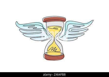 Continuous one line drawing time flies. Hourglass with wings drawing, spending time concept. Hand drawn vintage style. Sandglass with bird wings. Sing Stock Vector