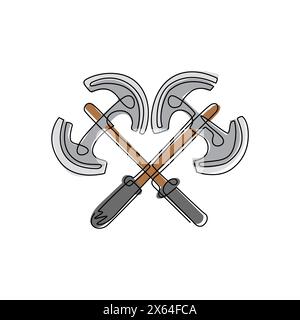Single continuous line drawing two crossed broad axe, medieval axe, battle axe, executioner axe. Element for woodworking or lumberjack emblem or icon. Stock Vector