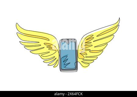 Single continuous line drawing new smart mobile phone flying with wings. Realistic detailed smartphone with touch screen flying with wings isolated. O Stock Vector