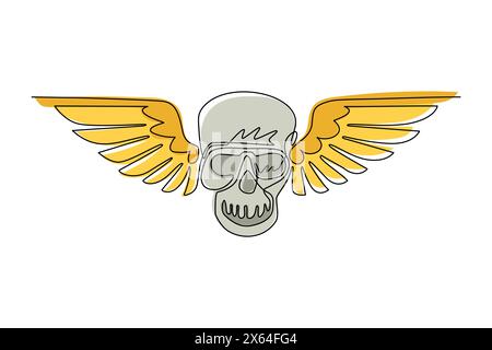 Continuous one line drawing winged skull grim reaper drawing in a vintage retro woodcut etched or engraved style. Winged human skull isolated logo. Si Stock Vector