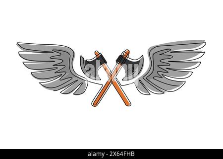 Single one line drawing two crossed axes fly with wings. Equipment for lumberjack or firefighter. Winged two crossed axes logo with elegant outspread Stock Vector