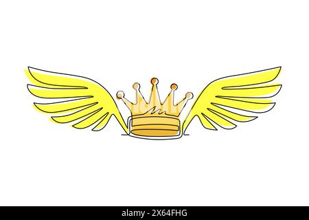 Continuous one line drawing crown with wings. Fantasy crown icon isolated on white. Royal, luxury, vip, first class sign. Winner award. Magic, fairyta Stock Vector