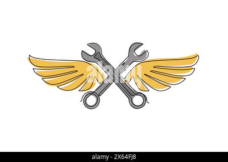 Single continuous line drawing two crossed wrench with wings. Auto mechanic car repair shop icon with wings. Fast car service, vehicle maintenance. On Stock Vector