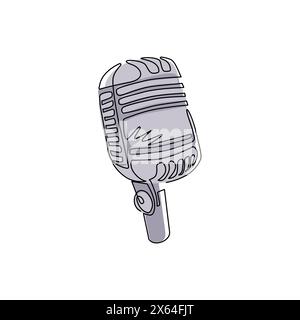 Single continuous line drawing retro vintage microphone vector on white background. Mic silhouette. Music, voice, record icon logo. Recording studio s Stock Vector
