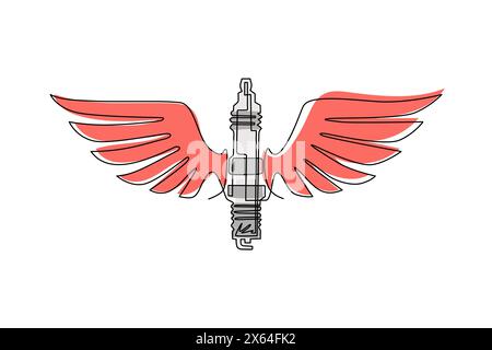 Single continuous line drawing spark plug with wings. Vintage auto emblem. Emblem template. Design element for logo, label, sign, poster, t shirt. Dyn Stock Vector