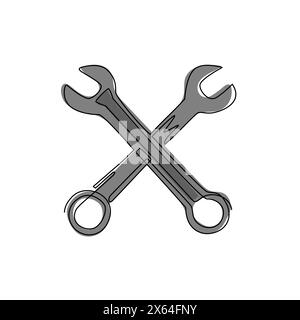 Single one line drawing repair icon. Two crossed wrenches. Auto mechanic car repair shop logo with wings. Fast car service, vehicle maintenance. Conti Stock Vector