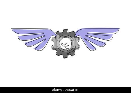Single continuous line drawing winged gear silver logo. Metal gear with wings. Brass round banner with metal wings, brass gears on striped steampunk. Stock Vector