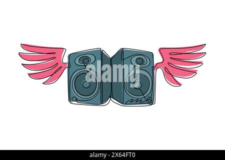 Continuous one line drawing music system speakers with wings icon logo. Musical equipment grunge image of speaker with wings flat design elements. Sin Stock Vector