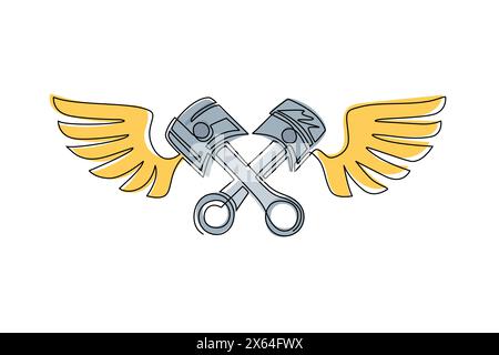 Single continuous line drawing two crossed piston with wings icon. Advertises repair services. Automotive and motorcycle workshop symbol logo. Dynamic Stock Vector