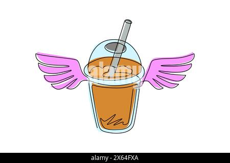 Single one line drawing bubble boba tea drink with wings. Food in doodle cartoon linear style. For flyer, sticker, card, logo, icon, print, poster. Mo Stock Vector