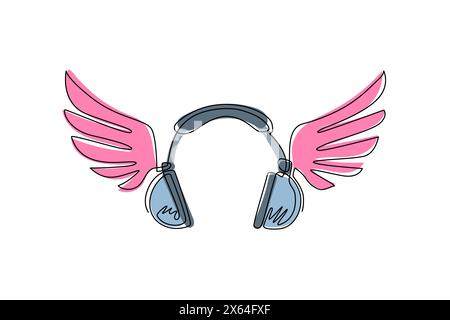 Single one line drawing headphones with wings symbol. Pictograph of headphone wings music for template flat logo, icon, and identity. Modern continuou Stock Vector