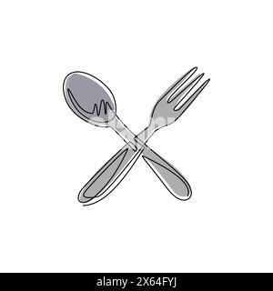 Single one line drawing fork spoon logo icon. Delicious food delivery, catering business restaurant, fast food area symbol flat isolated. Modern conti Stock Vector