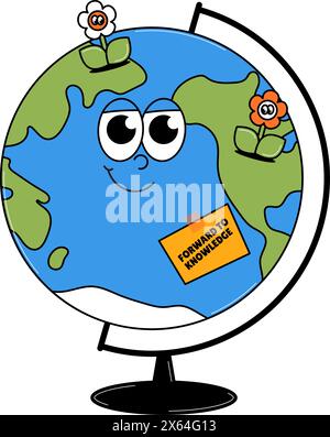 Back to school retro funky character. Cute Earth globe with flowers and sticker. Funky groovy object on a transparent background. Stock Vector