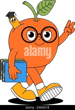 Back to school retro character. Cute walking apple in glasses with books and worm. Funky groovy sticker on a transparent background. Stock Vector