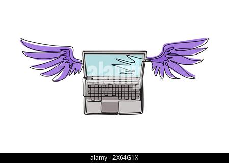 Continuous one line drawing laptop with wings flying in the sky. Cloud computing concept. Laptop computers with wings flying toward the "cloud". Singl Stock Vector