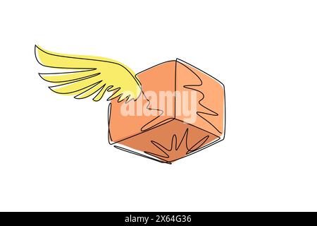 Continuous one line drawing parcel with wings symbol logo, transportation, fast delivery, box, package. Isolated icon suitable for website, interface, Stock Vector