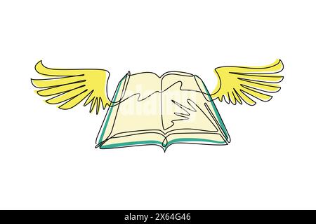 Continuous one line drawing flying book with wings. Winged book icon. Magic fairy tale reading logo. Imagination and inspiration picture. Fantasy. Cre Stock Vector