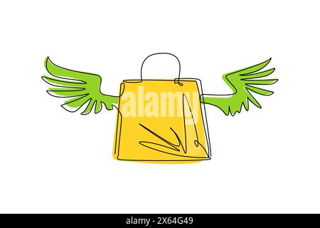 Single one line drawing shopping paper bag with wings. Flat icon isolated. Fast delivery. Stylish package for purchase. Holiday sales, discount. Conti Stock Vector