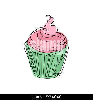 Continuous one line drawing cupcake with cream and cherry logo. Hand drawing art dessert theme with muffin and red cherry for logo isolated. Minimalis Stock Vector