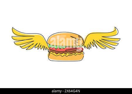 Single one line drawing burger with wings icon. Flat doodle hand drawn isolated. cheeseburger, hamburger, fast food creative concept. Modern continuou Stock Vector