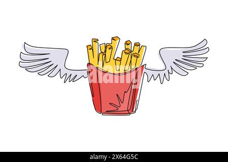 Single one line drawing french fries in paper box with wings, isolated. Flat design logo symbol. French fries fast food in red package. Modern continu Stock Vector