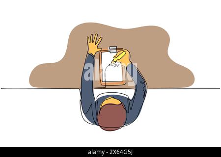 Continuous one line drawing top view of businessman writes completed checklist on clipboard. Concept of successful completion of tasks. Effective dail Stock Vector