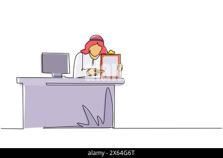 Continuous one line drawing smiling banking clerk showing bank credit, loan contract or mortgage agreement sitting at desk with computer. Arabian busi Stock Vector