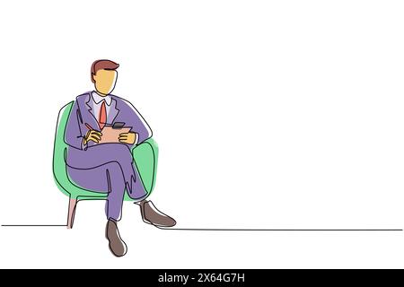 Single one line drawing young businessman with clipboard. Male executive sitting in armchair. Man taking notes. Psychology consultation. Modern contin Stock Vector