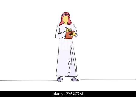 Single continuous line drawing male office secretary writing with clipboard. Arabian man in elegant wear, assisting in paper work. Business workwear t Stock Vector