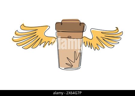 Single continuous line drawing take-out flying coffee cup with wings. disposable cardboard cup of coffee. Paper container icon. Fast food, lunch deliv Stock Vector