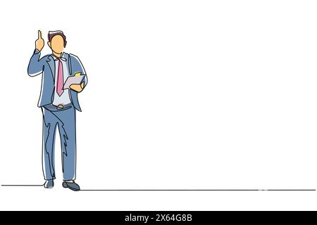 Continuous one line drawing young businessman wearing suit holding clipboard and pointing index finger up. Active person keeping file pad in hand. Sin Stock Vector