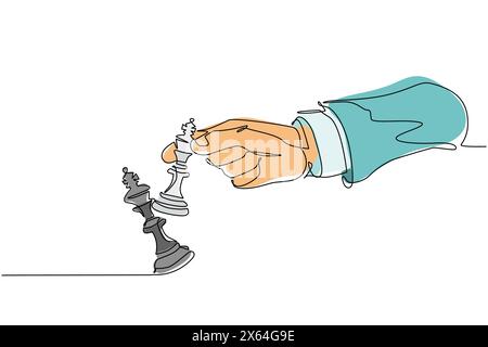 Continuous one line drawing man hand holding chess king. Male use king chess piece to crash opposite team king figure. Checkmate. Win in chess game. S Stock Vector