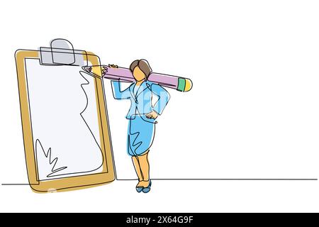 Single continuous line drawing positive businesswoman with giant pencil on her shoulder nearby marked checklist on clipboard paper. Successful complet Stock Vector